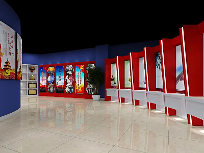 Exhibition Hall Interior Design With Red Blue Walls Display Posters White Counters And Marble Floors 3d model