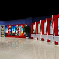 Exhibition Hall Interior Design With Red Blue Walls Display Posters White Counters And Marble Floors