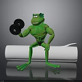 3D Cartoon Muscular Green Frog Lifting Dumbbell Sitting On White Roll With Gray Background