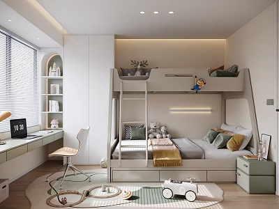 Kids Room Interior Design With Bunk Bed Study Desk Storage Drawers Soft Rug And Toy Car 3d model