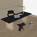 Modern Black Desk With Acrylic Metal Legs Laptop Books And Potted Plant Near Window