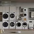 Modern Laundry Room With Multiple Stackable Washers Dryers And Storage Cabinets 3d model