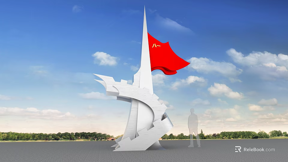 Outdoor Roadside Sculpture With Red Flag And White Structure Under Blue Sky 3d model 