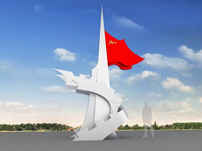 Outdoor Roadside Sculpture With Red Flag And White Structure Under Blue Sky 3d model