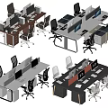 Various Office Desk Setups With Computers Ergonomic Chairs And Storage Units 3d model