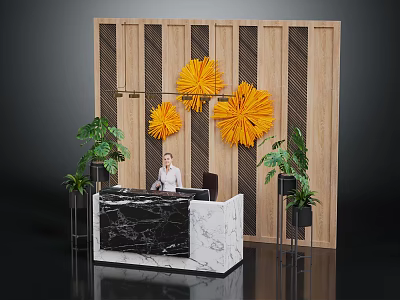 Black White Marble Reception Desk With Wooden Striped Wall Yellow Decorative Flowers And Green Plants 3d model