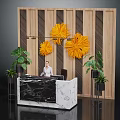Black White Marble Reception Desk With Wooden Striped Wall Yellow Decorative Flowers And Green Plants