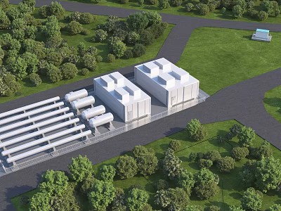 Industrial Factory Building With Modern White Design Surrounded by Greenery and Pipelines 3d model