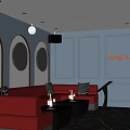 Modern KTV Interior Design With Red Sofa Circular Lights And Black Marble Floor