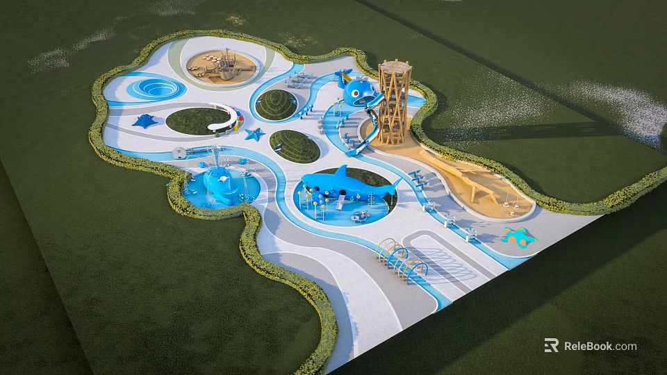 Park Landscape Design With Children's Playground Slide Sandpit Water Pools And Curved Pathways 3d model 