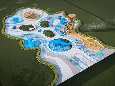 Park Landscape Design With Children's Playground Slide Sandpit Water Pools And Curved Pathways 3d model