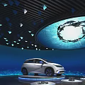 Modern Exhibition Hall Interior With Triangular Ceiling Decorations And Vehicle Display Platform 3d model