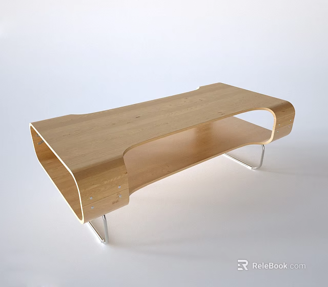 Modern Wooden Coffee Table With Curved Structure And Metal Legs Design 3d model 