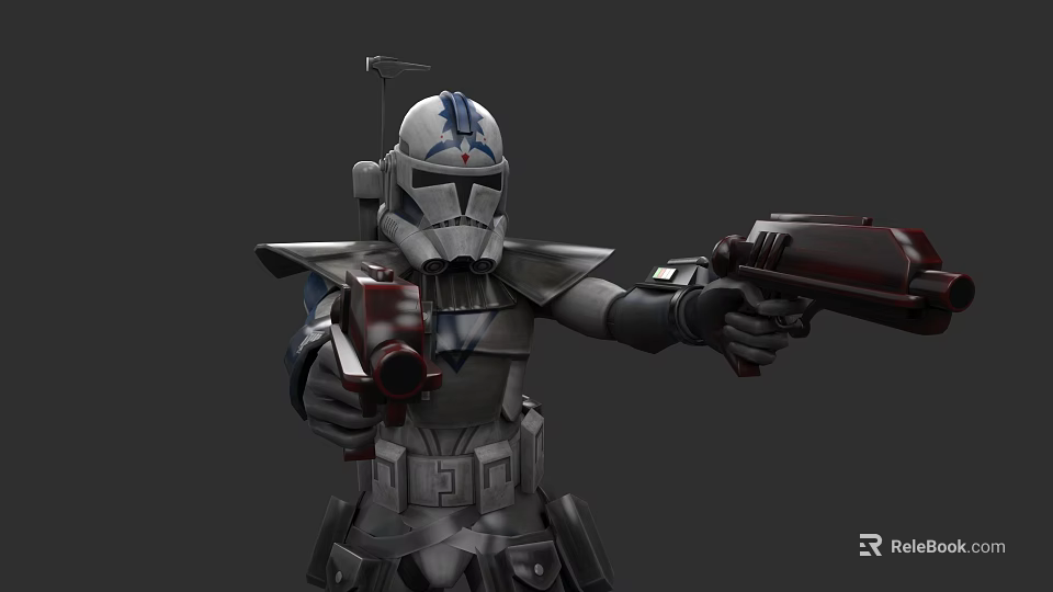 Game Movie Character Armored Sci Fi Warrior With Blue Patterned Helmet And Dual Blasters 3d model 