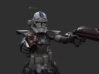 Game Movie Character Armored Sci Fi Warrior With Blue Patterned Helmet And Dual Blasters 3d model
