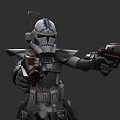 Game Movie Character Armored Sci Fi Warrior With Blue Patterned Helmet And Dual Blasters