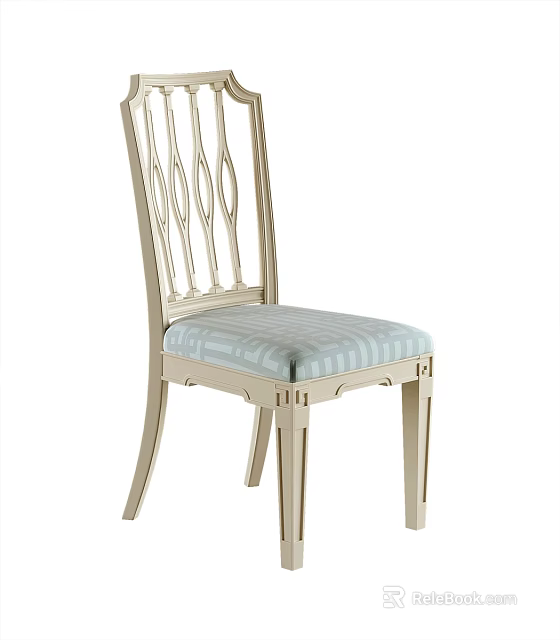 Elegant Single Chair With Intricate Backrest Light Blue Striped Cushion And Wooden Legs 3d model 