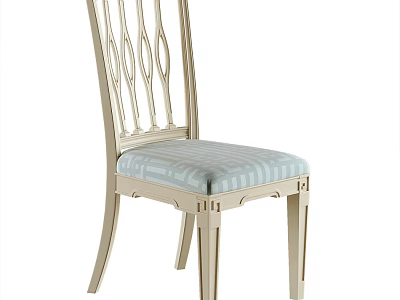 Elegant Single Chair With Intricate Backrest Light Blue Striped Cushion And Wooden Legs 3d model