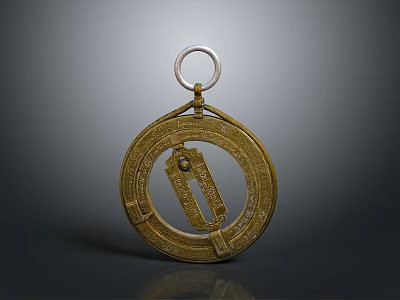 Ancient Golden Circular Decorative Object With Intricate Carvings And Ring Top 3d model