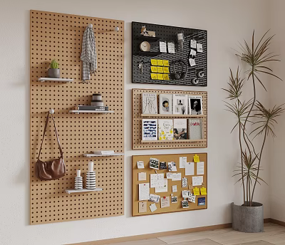 Plywood Pegboard Wall With Shelves Hooks Plants And Decorative Items Setup 3d model