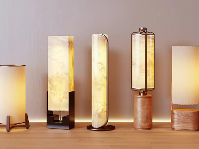Stylish Floor Lamps with Various Designs Wooden Bases and Glass Shades for Living Room Interior 3d model