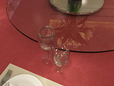 Elegant Dinnerware Set with Red Tablecloth Glass Tabletop Wine Glasses White Plate and Fork 3d model