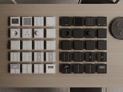 Different Styles Of Switch Panels On Wooden Surface 3d model