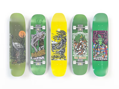 Diverse Colored Skateboards Showcasing Unique Art Designs Such As Crane Wolf And Scenery 3d model