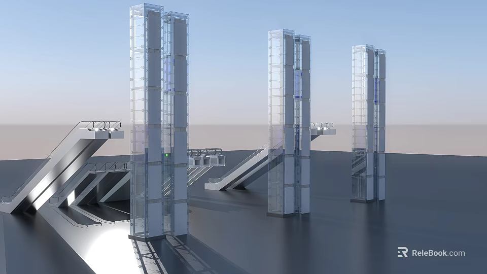 Modern Hotel Elevator Lobby With Transparent Glass Shafts And Spacious Design 3d model 