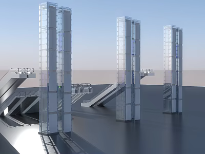 Modern Hotel Elevator Lobby With Transparent Glass Shafts And Spacious Design 3d model