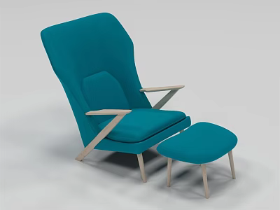 Blue Fabric Modern Single Sofa With Wooden Arms Legs And Matching Ottoman 3d model