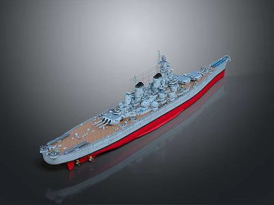Detailed Battleship Weapon Model With Gray Hull Red Bottom Deck Turrets And Bridge 3d model