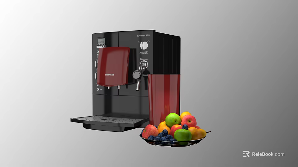 Black DeLonghi Coffee Machine With Red Cup And Fresh Fruit Platter In Kitchen 3d model 