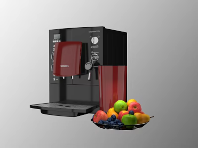 Black DeLonghi Coffee Machine With Red Cup And Fresh Fruit Platter In Kitchen 3d model