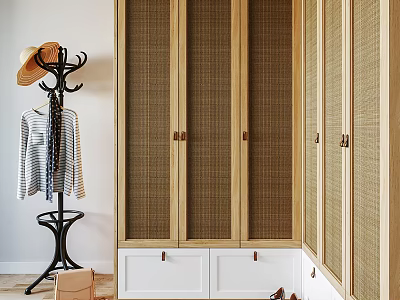 Natural Wooden Wardrobe Interior Design With Rattan Doors And White Drawers 3d model
