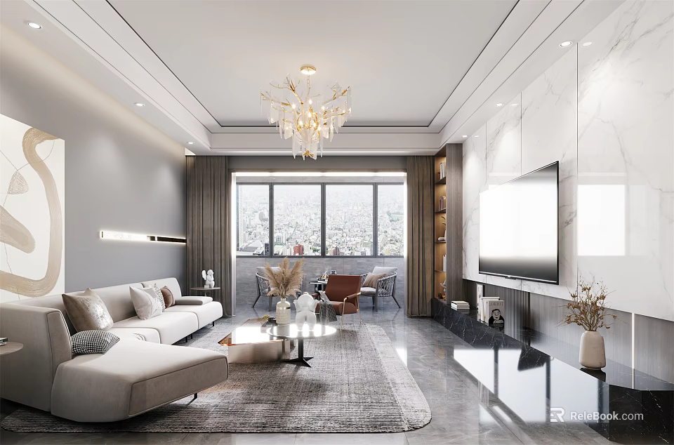 Modern Living and Dining Room Interior Design With Chandelier Large Window Sofa And TV 3d model 