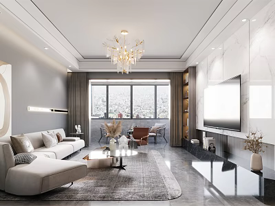 Modern Living and Dining Room Interior Design With Chandelier Large Window Sofa And TV 3d model