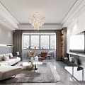 Modern Living and Dining Room Interior Design With Chandelier Large Window Sofa And TV