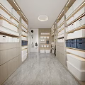Practical Storage Room With Light Wood Shelves Blue Storage Baskets Gray Floor And Round Light