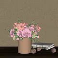 Beige Vase With Pink Purple Roses Hydrangeas And Green Leaves On Table