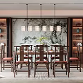 Traditional Chinese Restaurant Interior With Wooden Dining Chairs Hanging Lamps And Landscape Wall Art