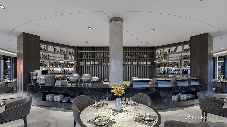 Elegant Restaurant Interior With Marble Column Wine Racks And Dining Table Setup 3d model