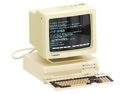 Vintage Beige Computer System With Monitor Tower And Keyboard Displaying Text 3d model