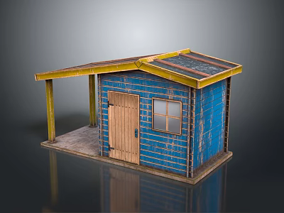 Blue Wooden Cabin With Wooden Door Window Yellow Support Pillars And Sloped Roof 3d model
