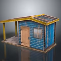 Blue Wooden Cabin With Wooden Door Window Yellow Support Pillars And Sloped Roof
