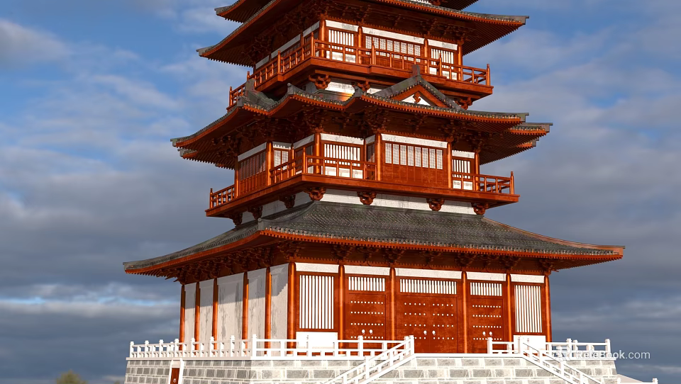Ancient Chinese Multi Story Wooden Pagoda With Red Exterior Black Tiled Roof And White Railings 3d model 