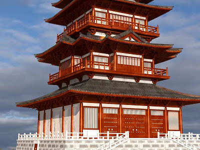 Ancient Chinese Multi Story Wooden Pagoda With Red Exterior Black Tiled Roof And White Railings 3d model