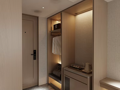 Elegant Modern Entryway With Wooden Storage Cabinet Hanging Area And Ambient Lighting 3d model
