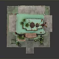 Teal Caravan Scene With Awning Plants Cactus Outdoor Chairs And Flower Pots