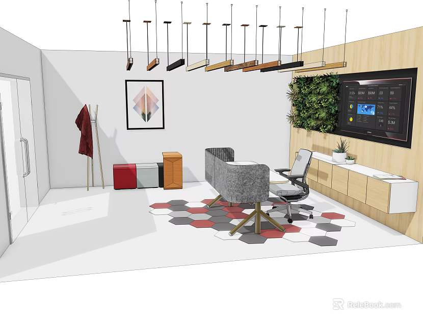 Modern Reception Area With Digital Screen Green Plant Geometric Rug And Decorative Painting 3d model 